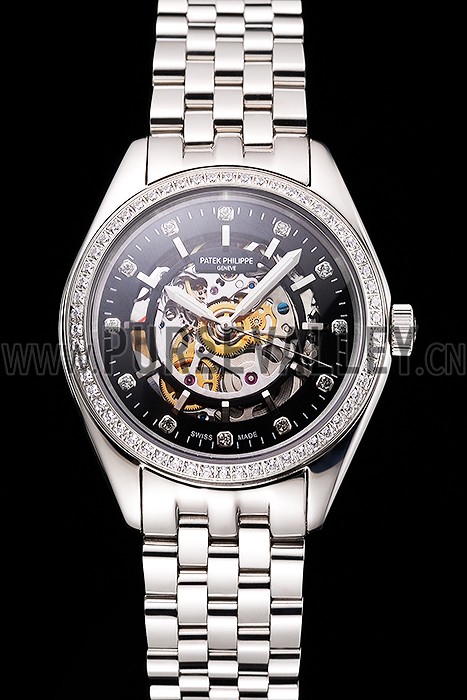Swiss Patek Philippe Calatrava Black Openworked Dial Diamond Bezel Stainless Steel Case And Bracelet
