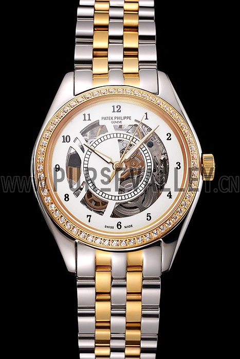 Swiss Patek Philippe Calatrava Openworked Stainless Steel Case Gold Bezel Two Tone Bracelet