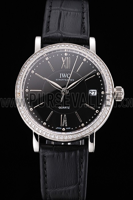 IWC Portofino Black Dial Stainless Steel Case Diamonds Bezel Black Leather Strap