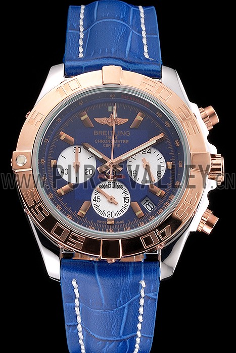 Breitling Chronomat Patrouille De France Blue Dial Stainless Steel Case Blue Leather Strap