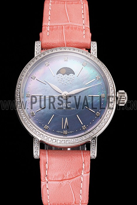 IWC Portofino Moon Phase Mother Of Pearl Dial Stainless Steel Case Diamonds Bezel Pink Leather Strap