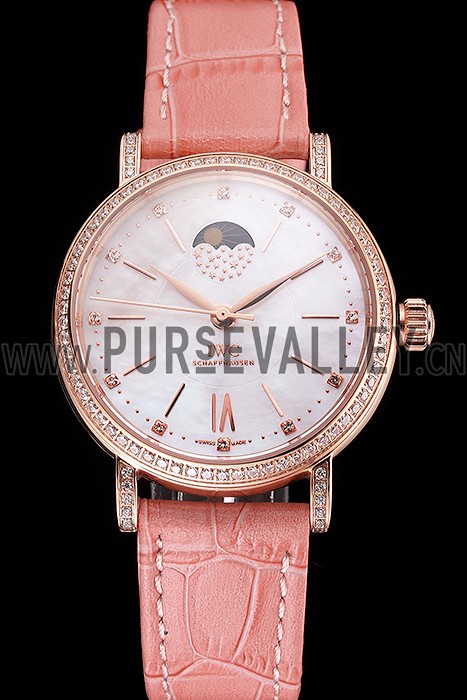 IWC Portofino Moon Phase Silver Dial Rose Gold Case Diamonds Bezel Pink Leather Strap
