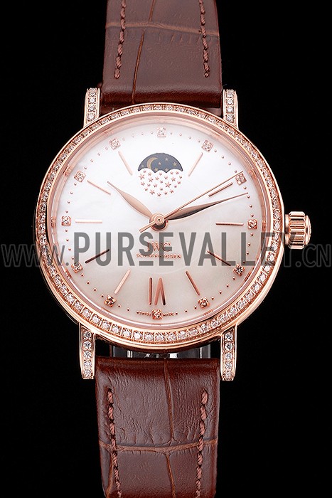 IWC Portofino Moon Phase Silver Dial Rose Gold Case Diamonds Bezel Brown Leather Strap