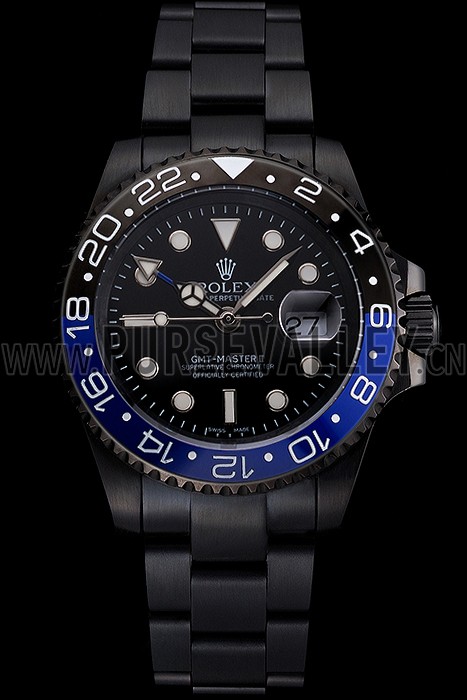 Swiss Rolex GMT Master II Black Dial Blue And Black Bezel Black PVD Case And Bracelet