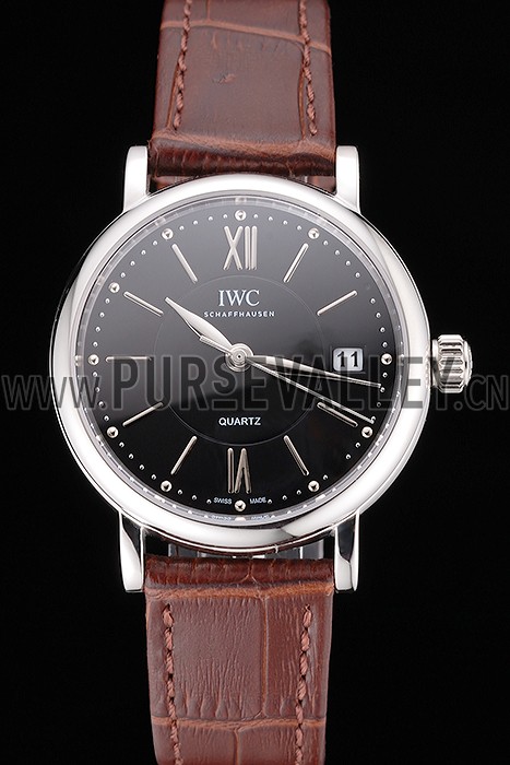 IWC Portofino Black Dial Stainless Steel Case Brown Leather Strap