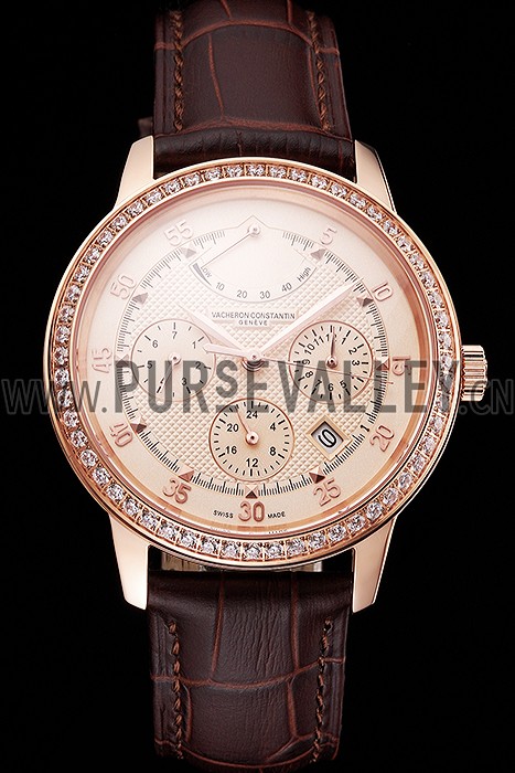 Swiss Vacheron Constantin Traditionnelle Power Reserve Rose Gold Dial And Case Diamond Bezel Brown Leather Strap