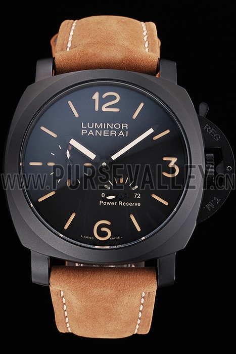Panerai Luminor 1950 3 Days Power Reserve Black Dial Black Case Brown Suede Leather Strap
