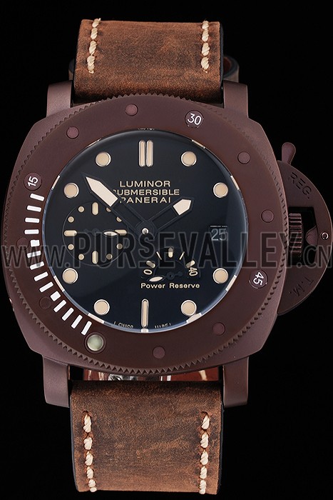Panerai Luminor Submersible Black Dial Brown Case Brown Leather Strap