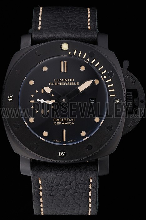 Panerai Luminor Submersible Black Dial Black Case Black Leather Strap