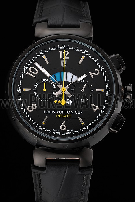 Louis Vuitton Tambour LV Cup Regate Black Dial Black PVD Case Black Leather Strap