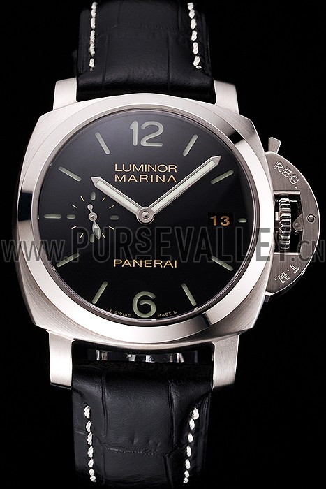 Swiss Panerai Luminor Marina Date Black Dial Stainless Steel Case Black Leather Strap