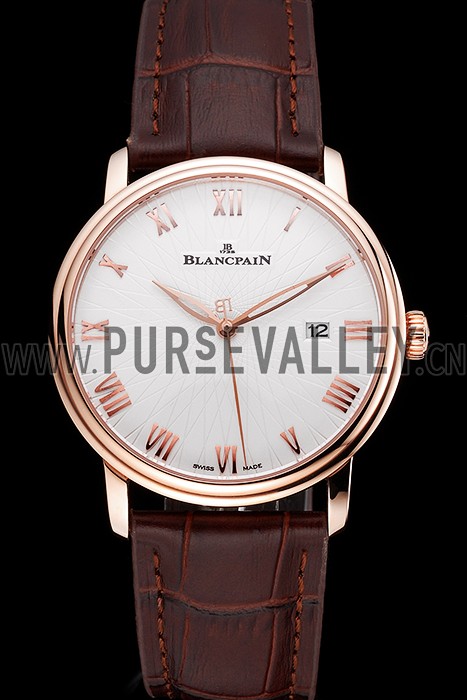 Blancpain Villeret Ultra Slim White Groved Dial Gold Numerals Rose Gold Case Brown Leather Strap