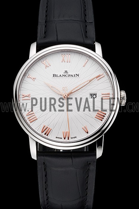 Blancpain Villeret Ultra Slim White Groved Dial Gold Numerals Stainless Steel Case Black Leather Strap