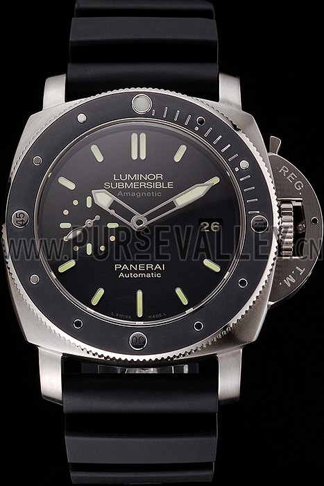 Swiss Panerai Luminor Submersible Black Dial Stainless Steel Case Black Bezel Black Rubber Strap