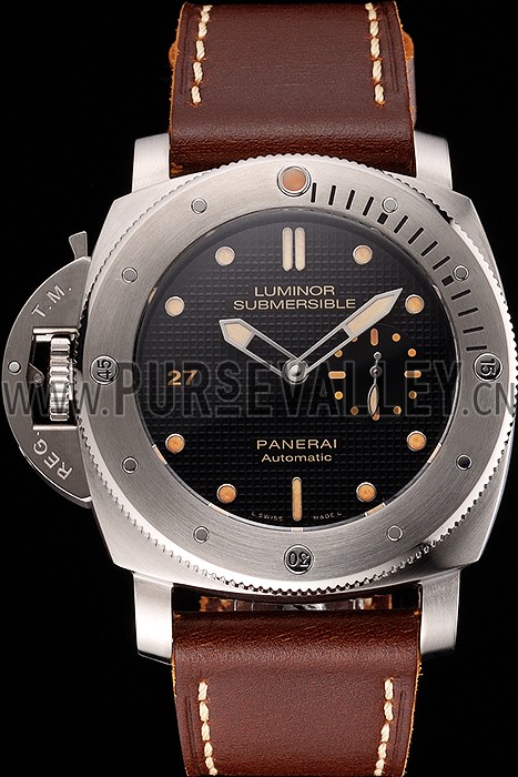 Swiss Panerai Submersible Left Handed Black Embossed Case Stainless Steel Case Brown Leather Strap