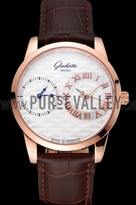 Glashutte Original Silver Dial Rose Gold Case Brown Leather Strap