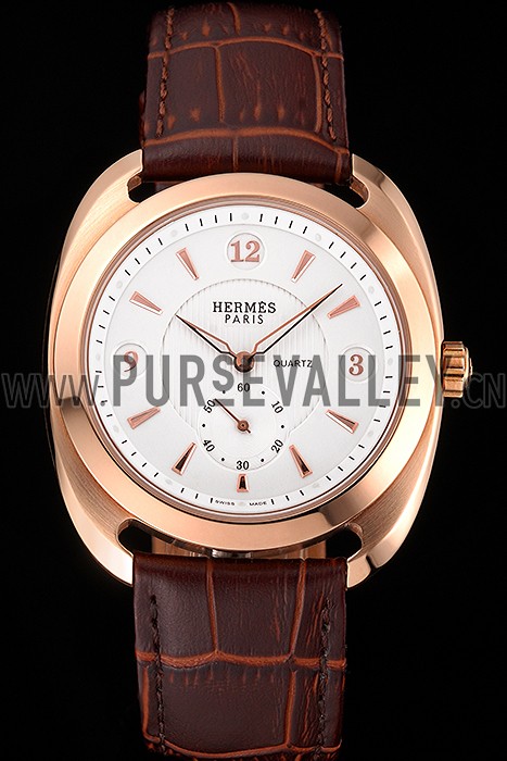 Hermes Dressage White Dial Rose Gold Case Brown Leather Strap
