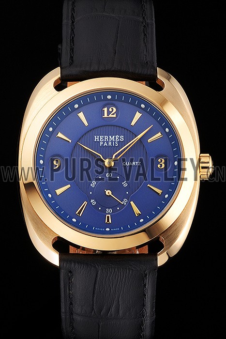 Hermes Dressage Blue Dial Gold Case Black Leather Strap