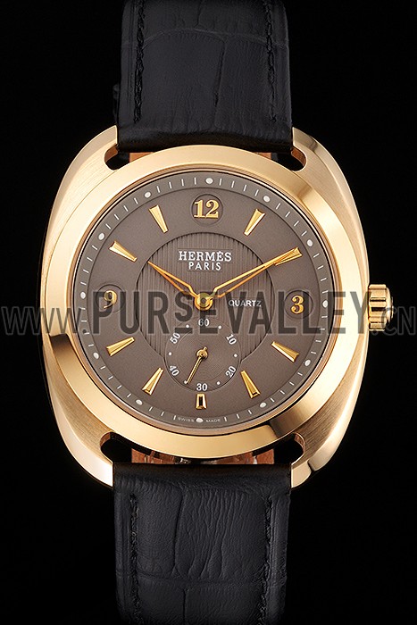 Hermes Dressage Gray Dial Gold Case Black Leather Strap