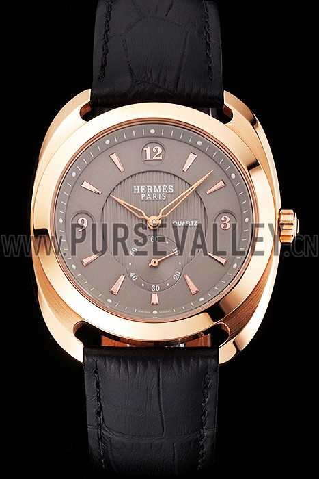 Hermes Dressage Light Brown Dial Rose Gold Case Black Leather Strap