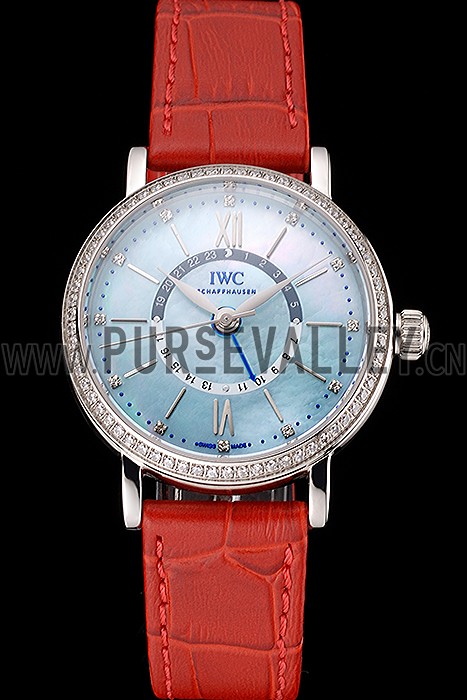 IWC Portofino Day And Night Pearl Dial Stainless Steel Case Red Leather Strap
