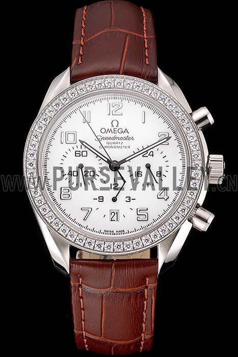 Omega Speedmaster White Dial Stainless Steel Case Diamond Bezel Brown Leather Strap