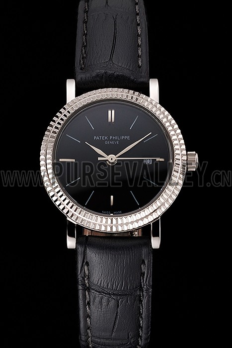 Patek Philippe Calatrava Black Dial Double Ribbed Bezel Stainless Steel Case Black Leather Strap