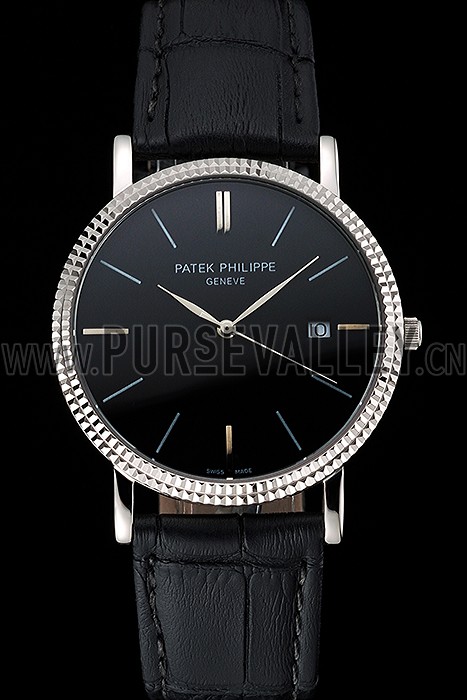 Patek Philippe Calatrava Black Dial Ribbed Bezel Stainless Steel Case Black Leather Strap