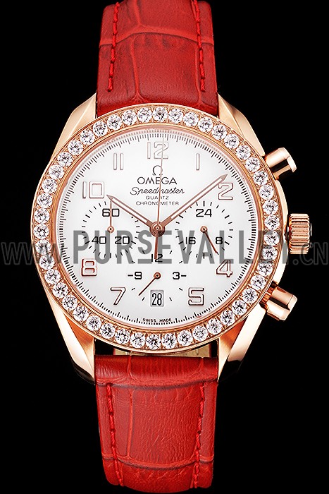 Omega Speedmaster White Dial Rose Gold Case Diamond Bezel Red Leather Strap