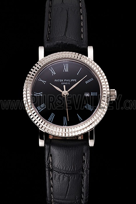 Patek Philippe Calatrava Black Dial Roman Numerals Double Ribbed Bezel Stainless Steel Case Black Leather Strap