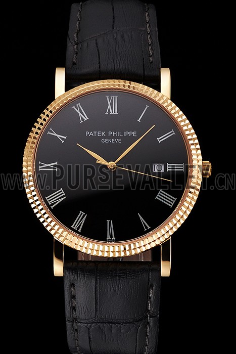 Patek Philippe Calatrava Black Dial Roman Numerals Ribbed Bezel Gold Case Black Leather Strap