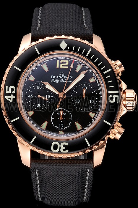 Swiss Blancpain Fifty Fathoms Flyback Chronograph Black Dial Black Bezel Rose Gold Case Black Canvas Strap