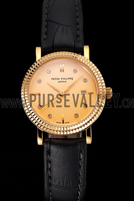 Patek Philippe Calatrava Gold Dial Dimond Hour Marks Double Ribbed Bezel Gold Case Black Leather Strap