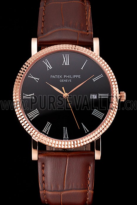 Patek Philippe Calatrava Black Dial Roman Numerals Ribbed Bezel Rose Gold Case Brown Leather Strap