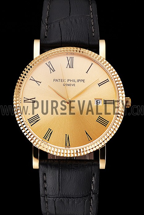 Patek Philippe Calatrava Gold Dial Roman Numerals Ribbed Bezel Gold Case Black Leather Strap
