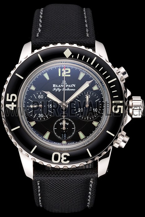 Swiss Blancpain Fifty Fathoms Flyback Chronograph Black Dial Black Bezel Stainless Steel Case Black Canvas Strap