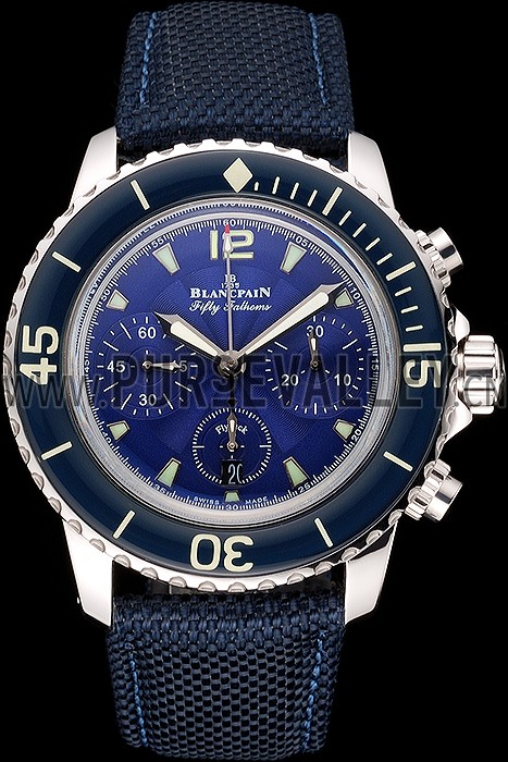 Swiss Blancpain Fifty Fathoms Flyback Chronograph Blue Dial Blue Bezel Stainless Steel Case Blue Canvas Strap