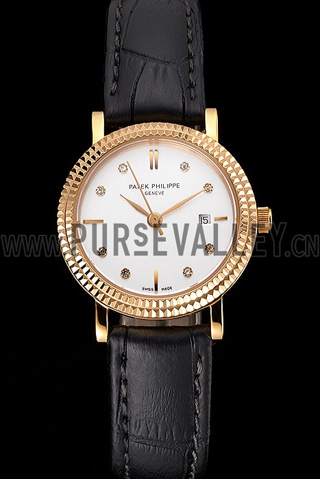 Patek Philippe Calatrava White Dial Diamond Hour Marks Double Ribbed Bezel Gold Case Black Leather Strap