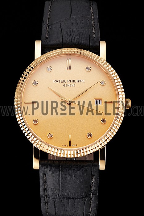 Patek Philippe Calatrava Gold Dial Diamond Hour Marks Ribbed Bezel Gold Case Black Leather Strap