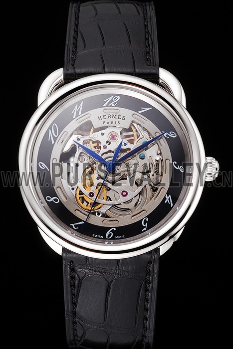 Swiss Hermes Arceau Skeleton Black Dial Blue Hands Stainless Steel Case Black Leather Strap
