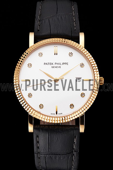Patek Philippe Calatrava White Dial Diamond Hour Marks Ribbed Bezel Gold Case Black Leather Strap