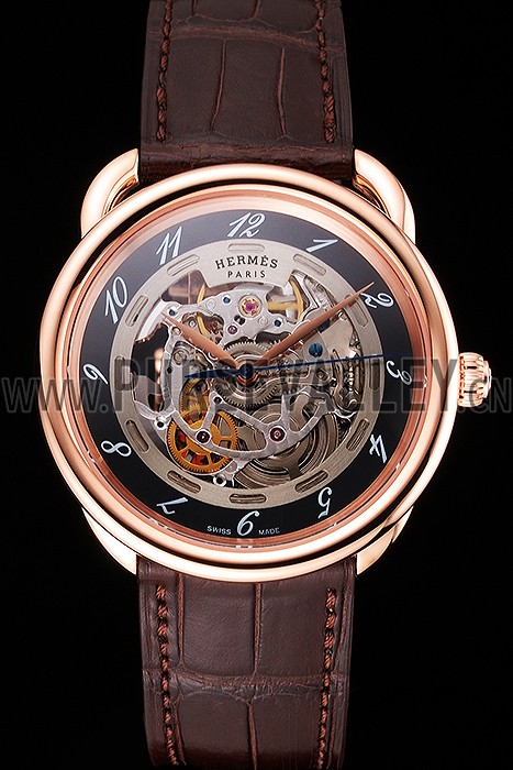 Swiss Hermes Arceau Skeleton Black Dial Brown Hands Rose Gold Case Brown Leather Strap