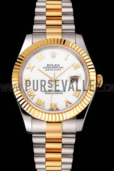 Swiss Rolex Datejust White Dial Roman Numerals Gold Bezel Stainless Steel Case Two Tone Bracelet