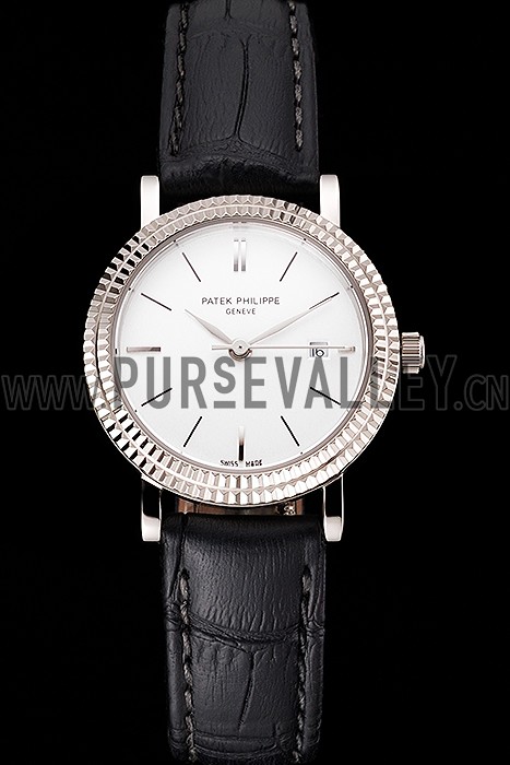 Patek Philippe Calatrava White Dial Double Ribbed Bezel Stainless Steel Case Black Leather Strap