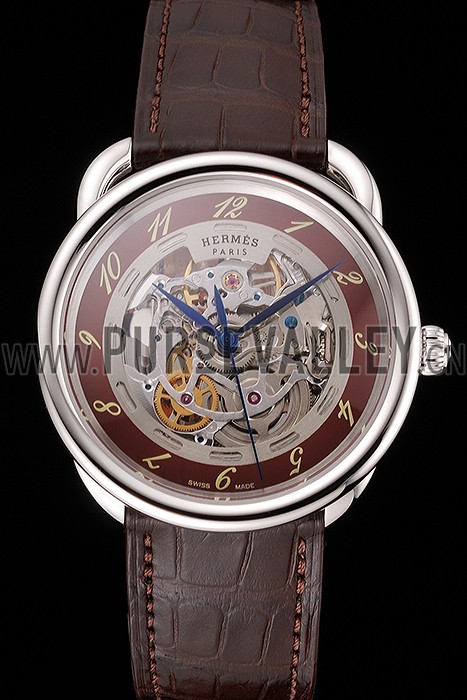 Swiss Hermes Arceau Skeleton Brown Dial Blue Hands Stainless Steel Case Brown Leather Strap
