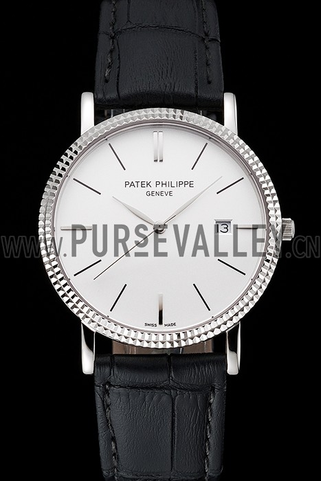 Patek Philippe Calatrava White Dial Ribbed Bezel Stainless Steel Case Black Leather Strap