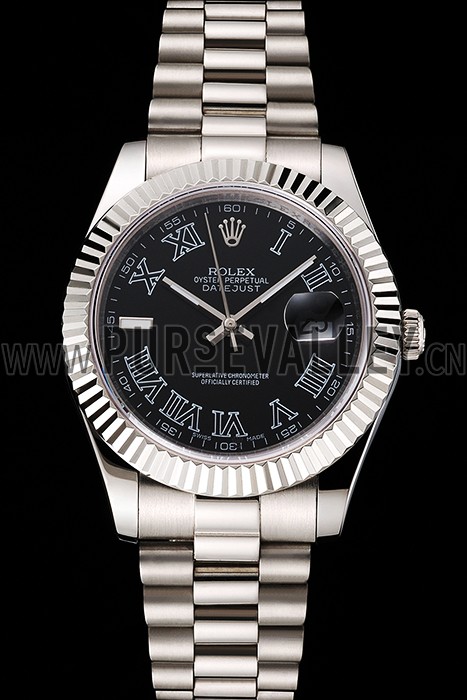 Swiss Rolex Datejust Black Dial Roman Numerals Stainless Steel Case And Bracelet