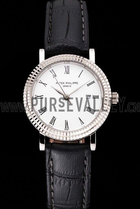 Patek Philippe Calatrava White Dial Roman Numerals Double Ribbed Bezel Stainless Steel Case Black Leather Strap