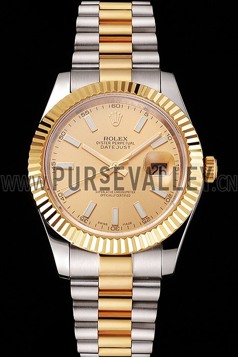 Swiss Rolex Datejust Gold Dial Gold Bezel Stainless Steel Case Two Tone Bracelet