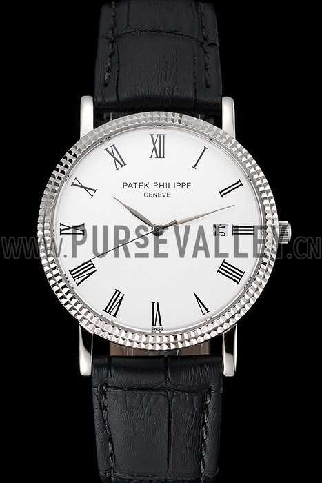 Patek Philippe Calatrava White Dial Roman Numerals Ribbed Bezel Stainless Steel Case Black Leather Strap